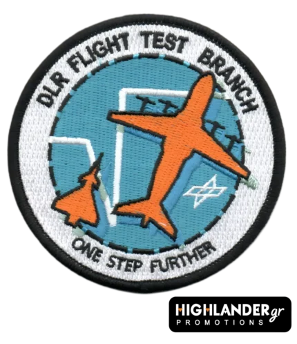 DLR Flight Test Branch embroidered patch with orange aircraft and blue background