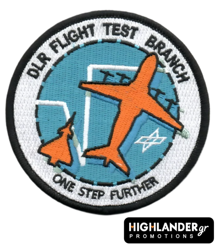 DLR Flight Test Branch embroidered patch with orange aircraft and blue background