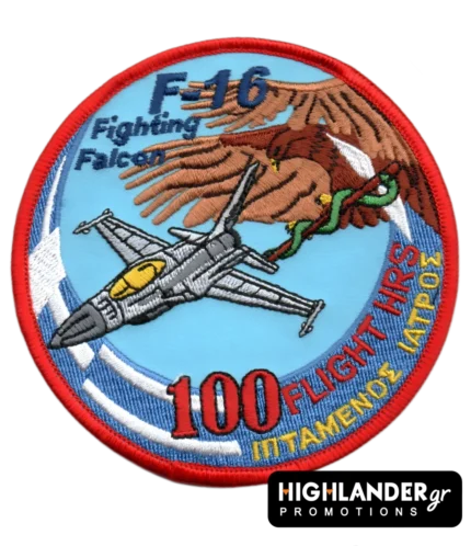 F-16 patch with hawk, snake and "100 flight hours – Flying Doctor" text