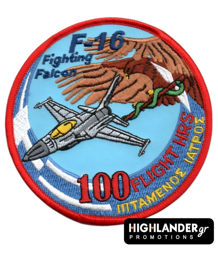 F-16 patch with hawk, snake and "100 flight hours – Flying Doctor" text