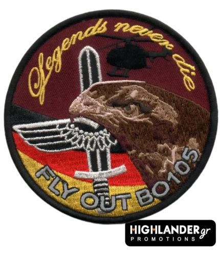 Embroidered patch Legends Never Die – Fly Out BO105 with eagle, rotor, and helicopter silhouette.
