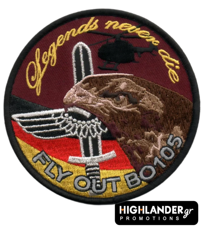 Embroidered patch Legends Never Die – Fly Out BO105 with eagle, rotor, and helicopter silhouette.