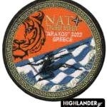 335 SQN patch from NATO Tiger Meet 2022 in Araxos, featuring a tiger, F-16 jet and the Greek flag.
