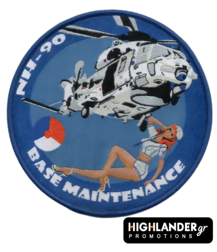 Embroidered patch NH-90 Base Maintenance with NH-90 helicopter and retro pin-up figure