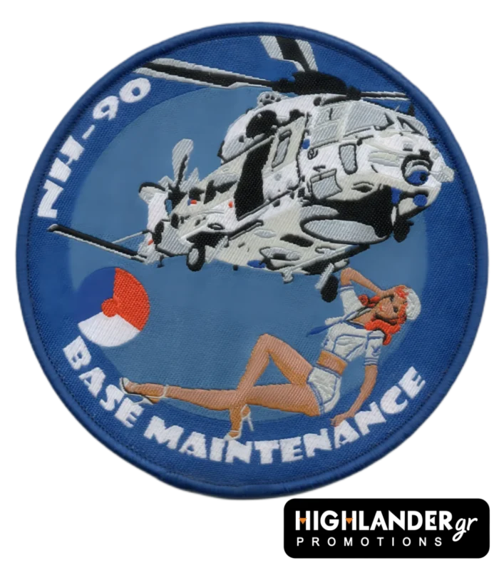 Embroidered patch NH-90 Base Maintenance with NH-90 helicopter and retro pin-up figure