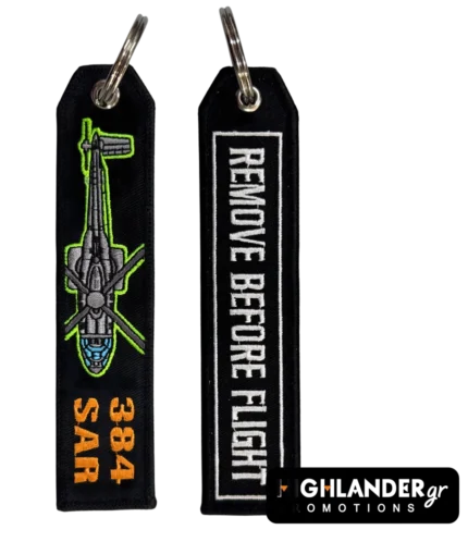 Black 384 SAR keychain with helicopter and REMOVE BEFORE FLIGHT text