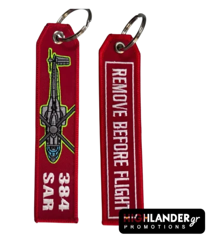 384 SAR keychain with helicopter and REMOVE BEFORE FLIGHT inscription