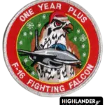 F-16 holiday patch One Year Plus with Santa hat, hawk, and fighter jet