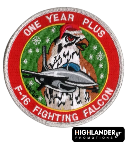F-16 holiday patch One Year Plus with Santa hat, hawk, and fighter jet