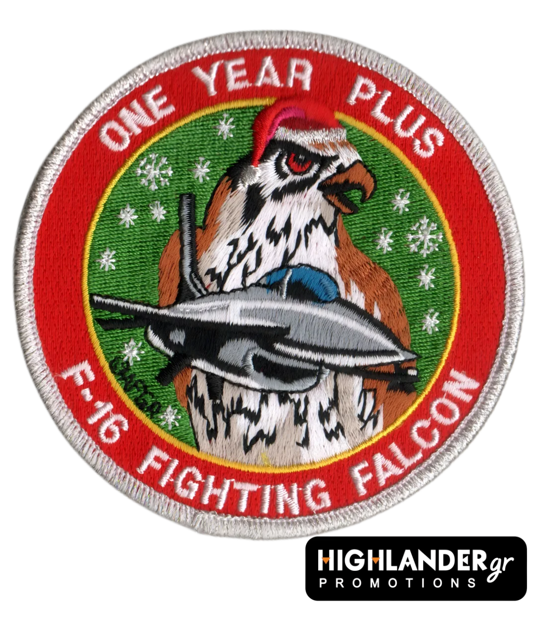 F-16-one-year-plus F-16 holiday patch One Year Plus with Santa hat, hawk, and fighter jet