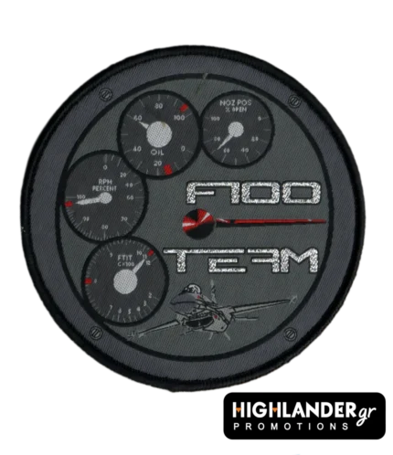 F100 TEAM patch with jet engine dials and F-16 jet illustration