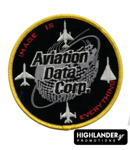 Κεντητό σήμα Aviation Data Corp. με αεροσκάφη και σύνθημα "Image is Everything"