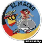 TLP El Macho patch with cartoon man riding a shark and Spanish flag