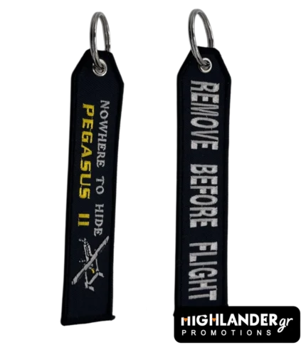 PEGASUS II embroidered keychain with “Nowhere to Hide” and “Remove Before Flight”