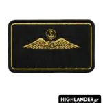 Embroidered Hellenic Navy Pilot Wings with anchor and gold stitching on a black background. Collector-grade patch with Velcro backing.