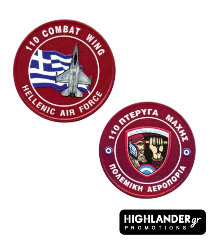 110 Combat Wing challenge coin. Front: F-16 fighter jet over Greek flag with "110 COMBAT WING" text. Back: Unit emblem with warrior figure and "110 ΠΤΕΡΥΓΑ ΜΑΧΗΣ"