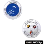 Silver challenge coin for HAF 111 Combat Wing. Front: Blue center with "Ethelomen Andreas Kindynevein" motto in Greek. Back: F-16 silhouette and emblems of Squadrons 330, 341, and 347.