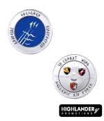 Silver challenge coin for HAF 111 Combat Wing. Front: Blue center with "Ethelomen Andreas Kindynevein" motto in Greek. Back: F-16 silhouette and emblems of Squadrons 330, 341, and 347.