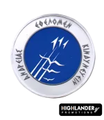 Silver challenge coin for HAF 111 Combat Wing. Front: Blue center with "Ethelomen Andreas Kindynevein" motto in Greek. Back: F-16 silhouette and emblems of Squadrons 330, 341, and 347.