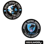 Black challenge coin for Hellenic Tactical Air Force (HTAF/ATA). Front: Map of Greece with four blue fighter jets. Back: HTAF emblem with eagle, lightning bolt, and "ΑΡΧΗΓΕΙΟ ΤΑΚΤΙΚΗΣ ΑΕΡΟΠΟΡΙΑΣ"
