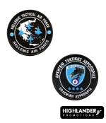 Black challenge coin for Hellenic Tactical Air Force (HTAF/ATA). Front: Map of Greece with four blue fighter jets. Back: HTAF emblem with eagle, lightning bolt, and "ΑΡΧΗΓΕΙΟ ΤΑΚΤΙΚΗΣ ΑΕΡΟΠΟΡΙΑΣ"