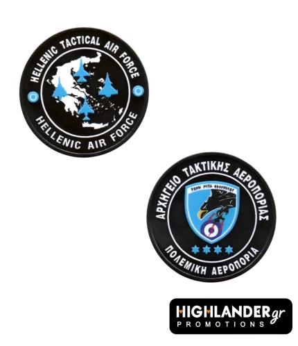Black challenge coin for Hellenic Tactical Air Force (HTAF/ATA). Front: Map of Greece with four blue fighter jets. Back: HTAF emblem with eagle, lightning bolt, and "ΑΡΧΗΓΕΙΟ ΤΑΚΤΙΚΗΣ ΑΕΡΟΠΟΡΙΑΣ"