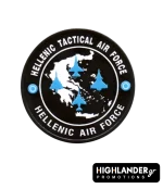 Black challenge coin for Hellenic Tactical Air Force (HTAF/ATA). Front: Map of Greece with four blue fighter jets. Back: HTAF emblem with eagle, lightning bolt, and "ΑΡΧΗΓΕΙΟ ΤΑΚΤΙΚΗΣ ΑΕΡΟΠΟΡΙΑΣ"
