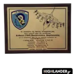 Custom wooden military plaque for 110 Combat Wing. Features the unit emblem on the left, an F-16 fighter jet graphic on the right, and personalized Greek text on a gold plate.