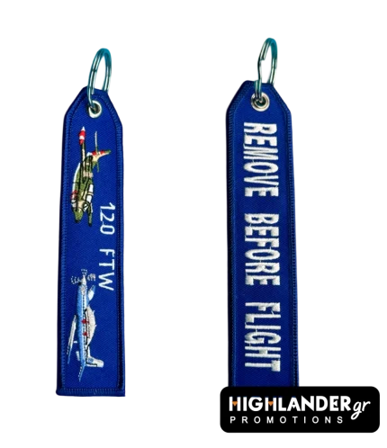 Blue rectangular keychain displaying T-6 and T-2 aircraft with 120 FTW text on one side, and REMOVE BEFORE FLIGHT on the other.