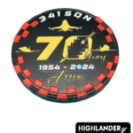 70th Anniversary challenge coin for 341 Squadron. Circular poker chip style with red and black edge. Features gold number 70, four playing cards emblem, flying F-16s, and text "1954-2024 Arrow".