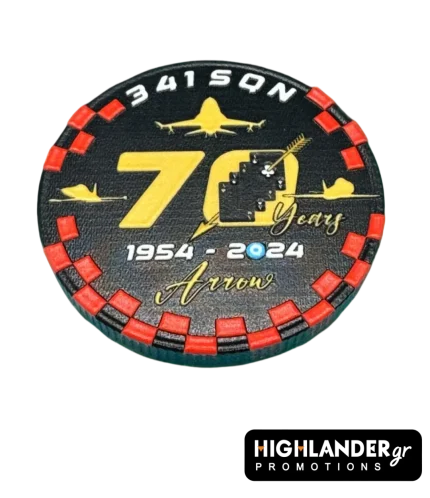 70th Anniversary challenge coin for 341 Squadron. Circular poker chip style with red and black edge. Features gold number 70, four playing cards emblem, flying F-16s, and text "1954-2024 Arrow".