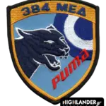 Shield-shaped embroidered patch for 384 MEA. Features a black panther head, blue and white roundel, "384 MEA" in blue text, and "puma" in red text on a light blue background.