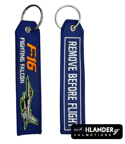 Blue embroidered aviation keychain featuring F-16 jet and Remove Before Flight text.