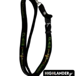 Black lanyard strap featuring green Canadair CL-415 text and yellow firefighting aircraft graphics, with a metal hook and plastic buckle.