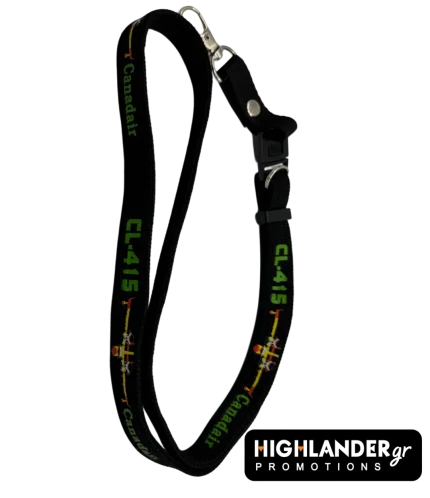 Black lanyard strap featuring green Canadair CL-415 text and yellow firefighting aircraft graphics, with a metal hook and plastic buckle.