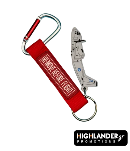 Aviation keychain combo set. Features a grey 3D PVC C-27J Spartan aircraft figure and a red "Remove Before Flight" fabric tag, attached together with a metal carabiner.