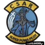 Embroidered aviation patch with yellow top and bottom tabs reading "CSAR" and "SUPER PUMA PILOT". The center shows a blue background with a Super Puma helicopter silhouette.