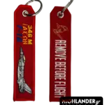 Red embroidered keychain from Highlander Promotions. Side A: F-16 aircraft and "346 M ΙΑΣΩΝ" text. Side B: "REMOVE BEFORE FLIGHT" with 346 Squadron golden helmet emblem.