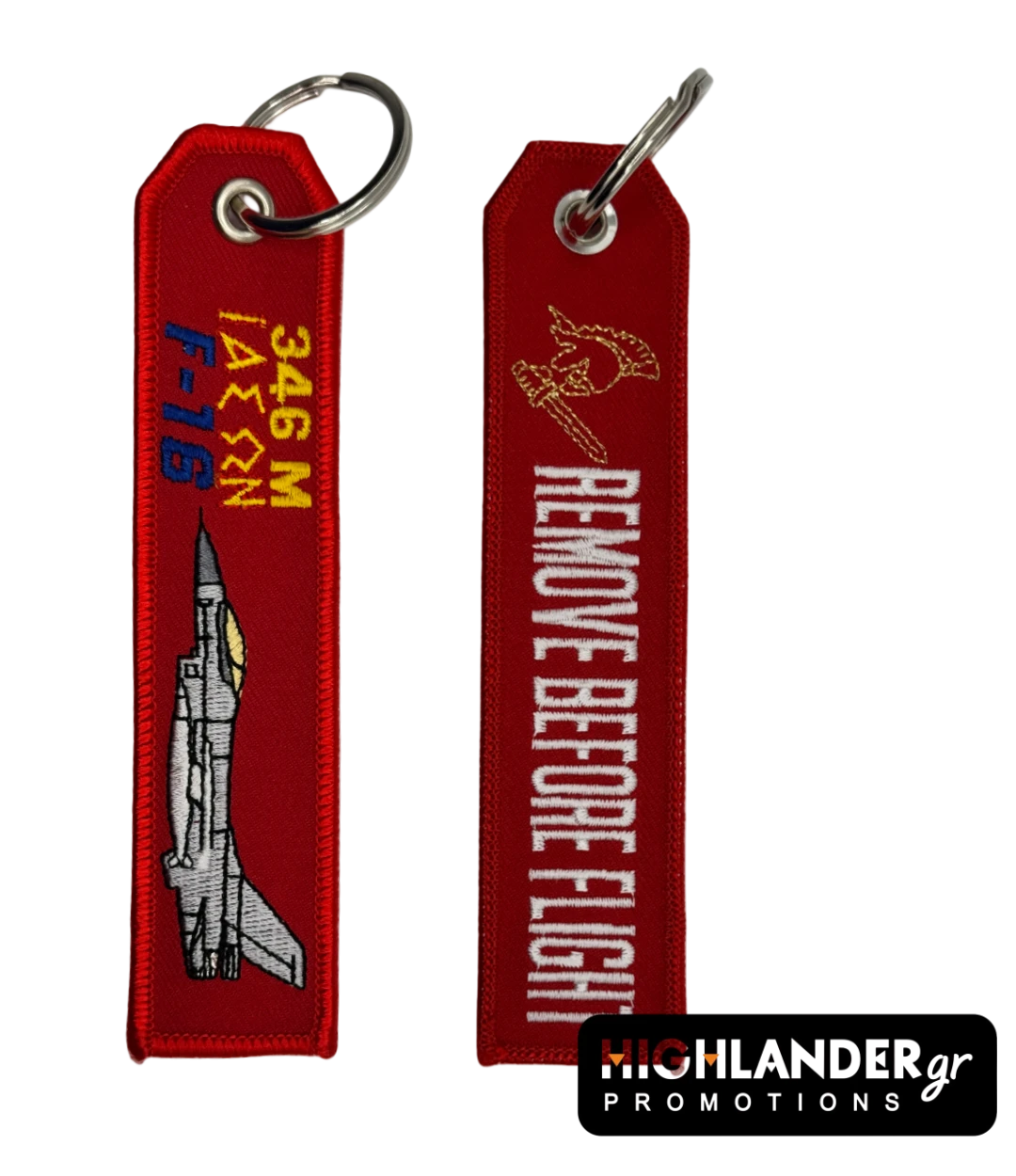 f-16iason Red embroidered keychain from Highlander Promotions. Side A: F-16 aircraft and "346 M ΙΑΣΩΝ" text. Side B: "REMOVE BEFORE FLIGHT" with 346 Squadron golden helmet emblem.