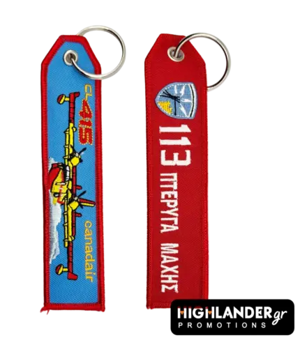 Red flight tag keychain for 113 Combat Wing. Side A features white silhouettes of a CL-415 Canadair (top-down and profile) with golden-yellow "113 ΠΜ" text.