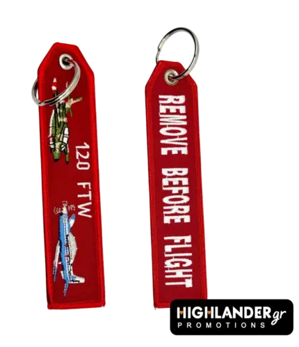 ed embroidered keychain for the HAF 120 Flight Training Wing in Kalamata. Side A shows silhouettes of T-2 Buckeye and T-6 Texan aircraft with yellow "120 FTW" text.