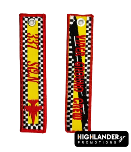 Yellow and red embroidered keychain for the HAF 337 Squadron Viper Ground Crew. Side A shows "337 SQN" and an F-16 silhouette; Side B shows "VIPER GROUND CREW".