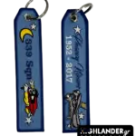 Embroidered keychain from Highlander Promotions. Side A: "339 Sqn" with Mighty Mouse mascot. Side B: "Phancy Niners 1952-2017" with vintage character art.