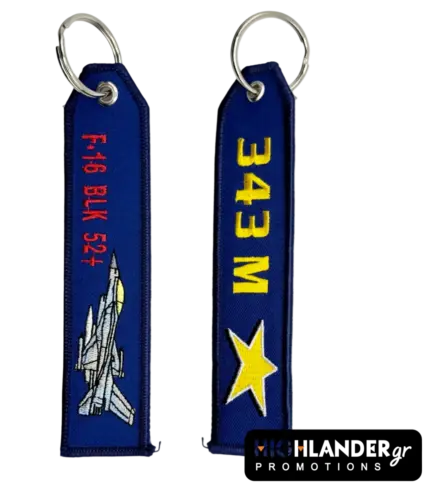 Royal blue embroidered keychain for the HAF 343 Squadron. Side A shows the F-16 Block 52+ silhouette; Side B shows "343 M" and the star emblem.