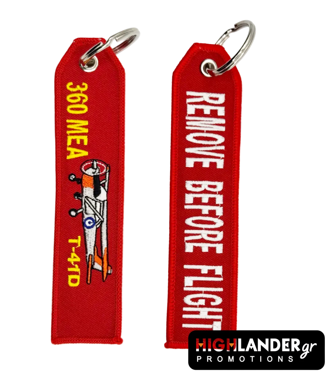 key-360MEA Red embroidered keychain for the HAF 360 Air Training Squadron featuring a top-down and profile silhouette of the T-41D Mescalero aircraft with golden-yellow "360 ΜΕΑ" text.