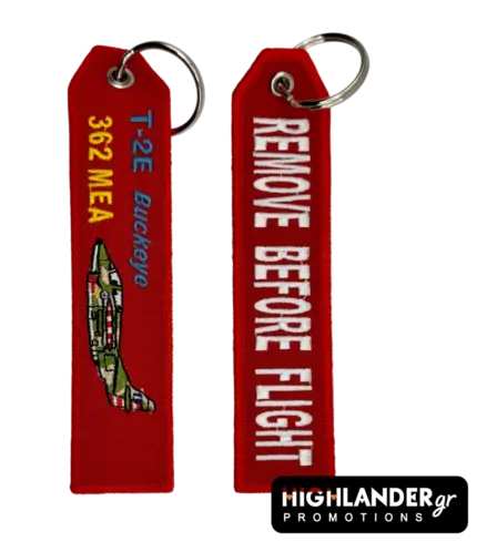 Red embroidered keychain for the HAF 362 Air Training Squadron. Side A shows a camouflaged T-2E Buckeye aircraft silhouette, "362 MEA" text, and "T-2E Buckeye" text.