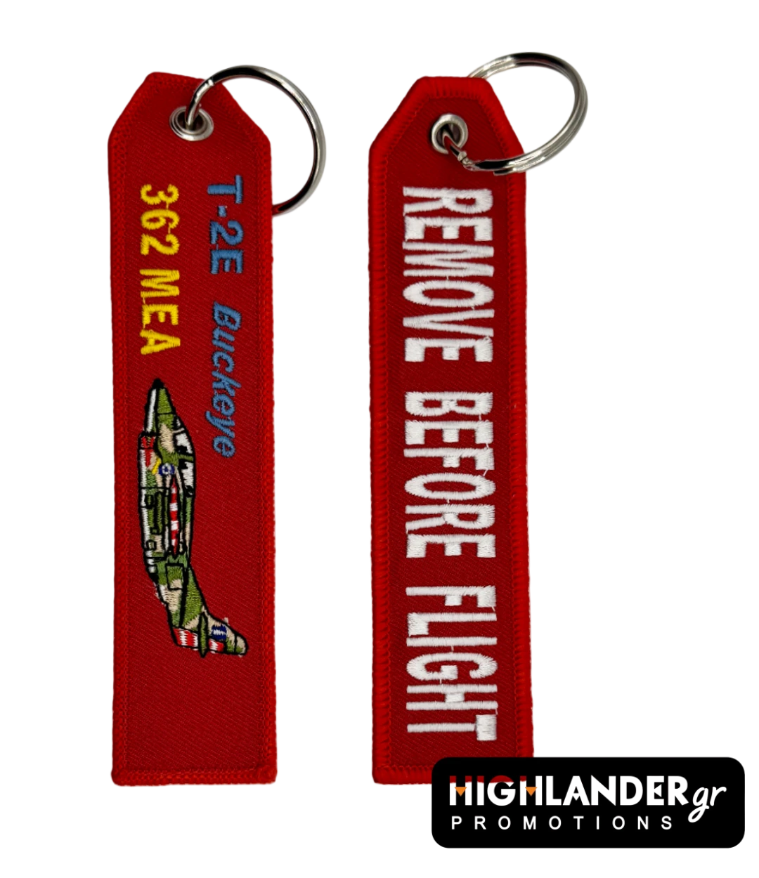 key-362mea-red Red embroidered keychain for the HAF 362 Air Training Squadron. Side A shows a camouflaged T-2E Buckeye aircraft silhouette, "362 MEA" text, and "T-2E Buckeye" text.