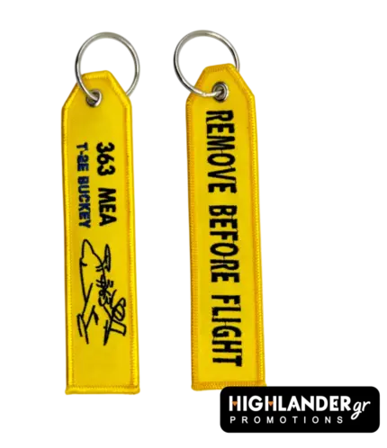 Yellow embroidered keychain for the HAF 363 Air Training Squadron. Side A shows T-2E Buckeye silhouette and 363 ΜΕΑ text.