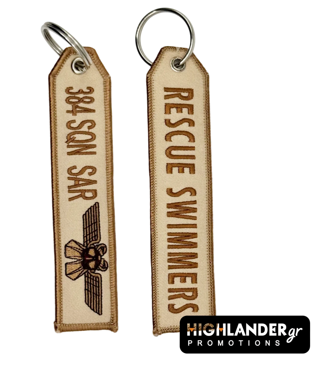 key-384sar Sand-colored embroidered keychain for the HAF 384 SAR Squadron. Side A shows 384 SQN SAR text and the Search and Rescue emblem; Side B shows Rescue Swimmers text.