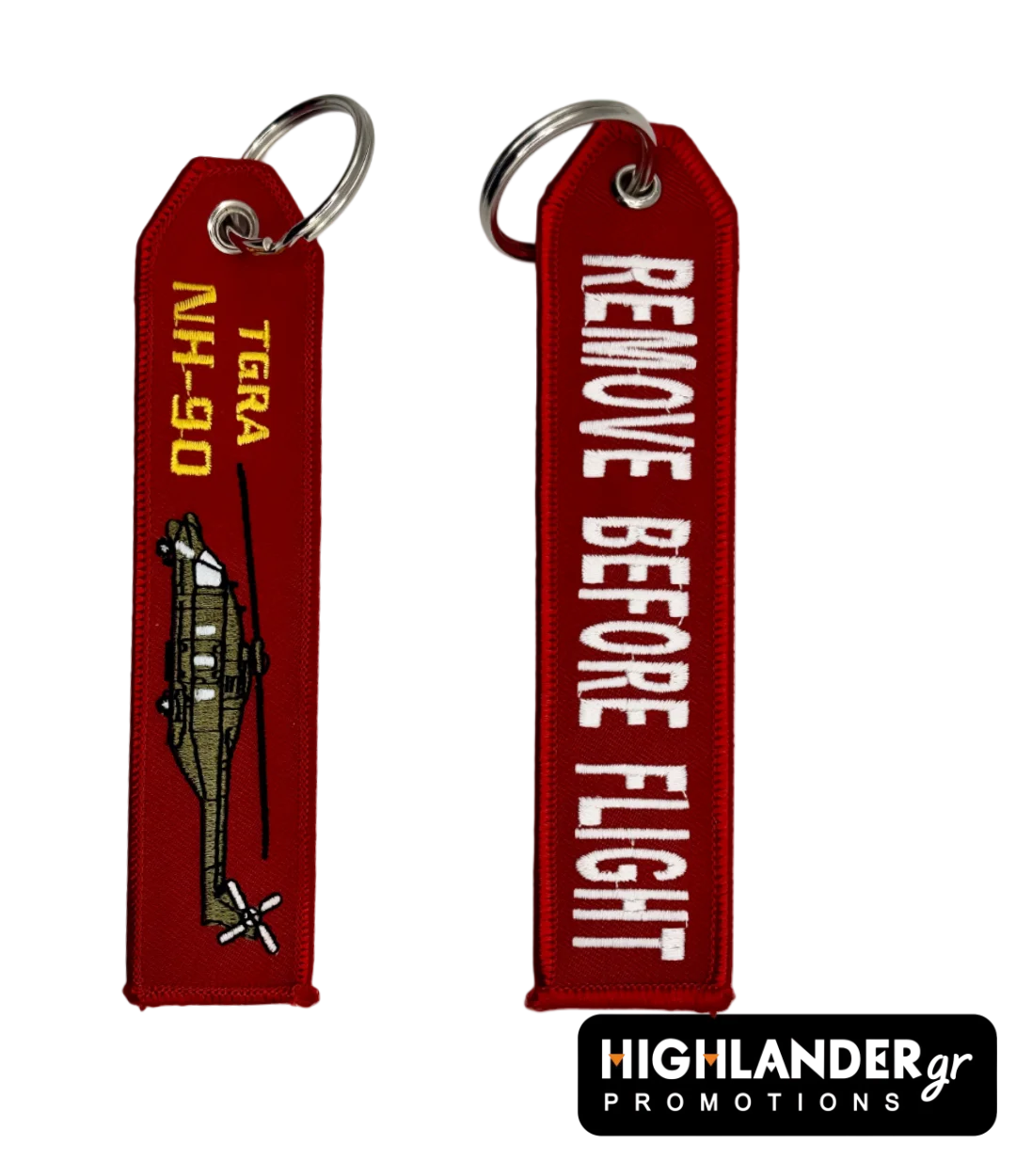 key-90nh Red embroidered keychain for NH-90 TGRA helicopter from Highlander Promotions. Side A shows the helicopter graphic and yellow text. Side B shows "REMOVE BEFORE FLIGHT".